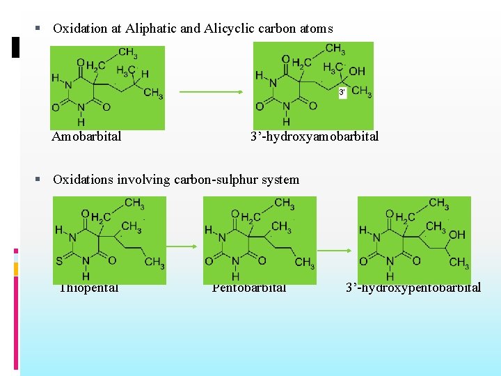  Oxidation at Aliphatic and Alicyclic carbon atoms Amobarbital 3’-hydroxyamobarbital Oxidations involving carbon-sulphur system