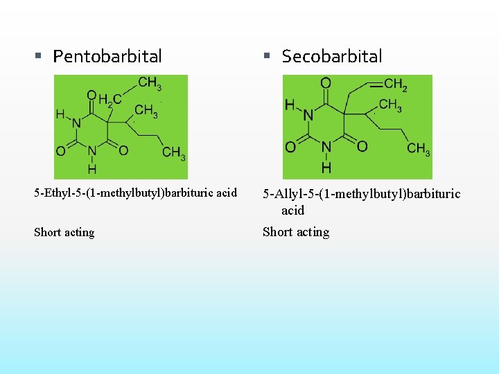  Pentobarbital Secobarbital 5 -Ethyl-5 -(1 -methylbutyl)barbituric acid 5 -Allyl-5 -(1 -methylbutyl)barbituric acid Short