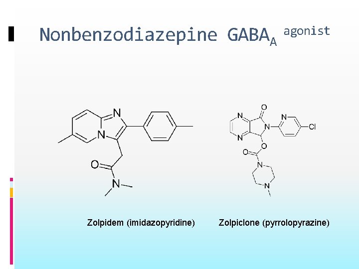 Nonbenzodiazepine GABAA Zolpidem (imidazopyridine) agonist Zolpiclone (pyrrolopyrazine) 