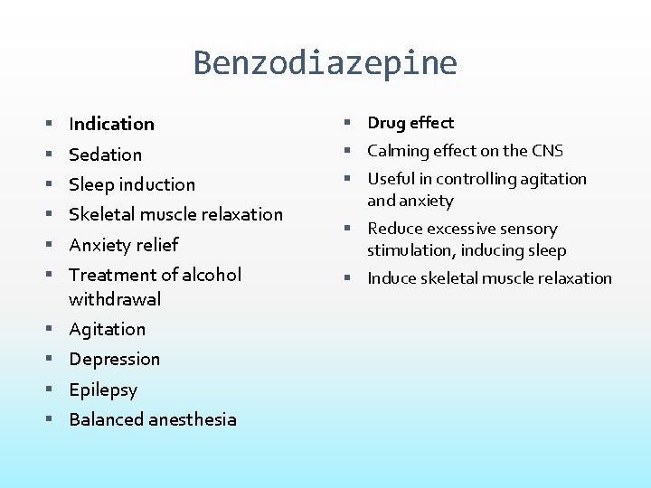 Benzodiazepine Indication Drug effect Sedation Calming effect on the CNS Sleep induction Useful in