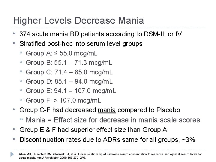 Higher Levels Decrease Mania 374 acute mania BD patients according to DSM-III or IV Higher Levels Decrease Mania 374 acute mania BD patients according to DSM-III or IV