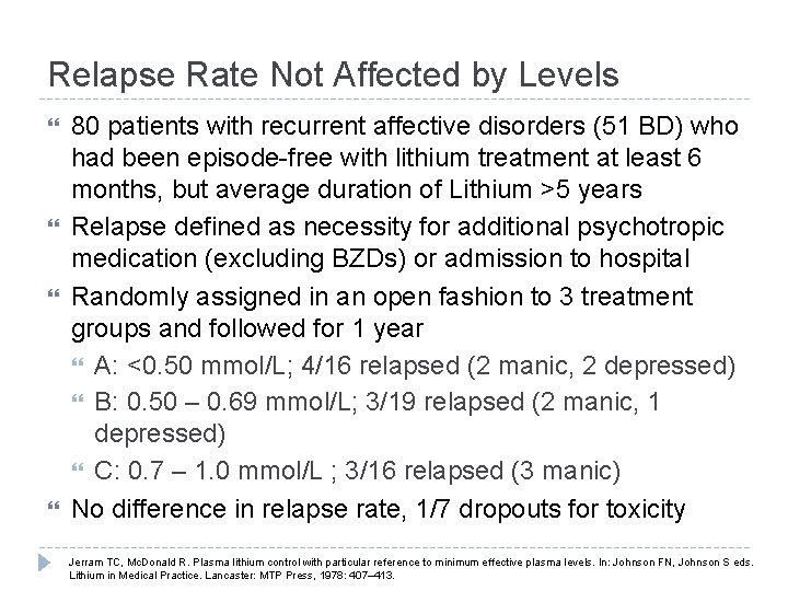 Relapse Rate Not Affected by Levels 80 patients with recurrent affective disorders (51 BD) Relapse Rate Not Affected by Levels 80 patients with recurrent affective disorders (51 BD)