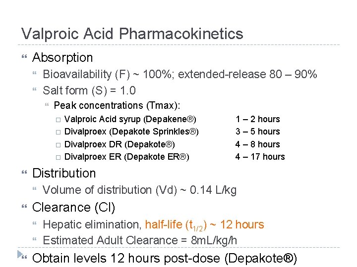 Valproic Acid Pharmacokinetics Absorption Bioavailability (F) ~ 100%; extended-release 80 – 90% Salt form Valproic Acid Pharmacokinetics Absorption Bioavailability (F) ~ 100%; extended-release 80 – 90% Salt form