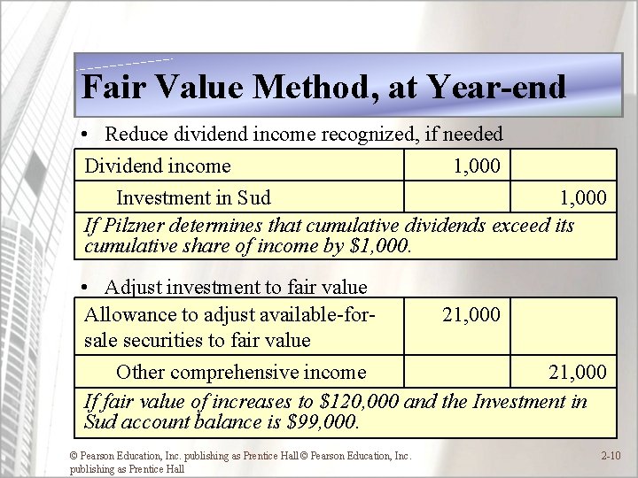Fair Value Method, at Year-end • Reduce dividend income recognized, if needed Dividend income Fair Value Method, at Year-end • Reduce dividend income recognized, if needed Dividend income
