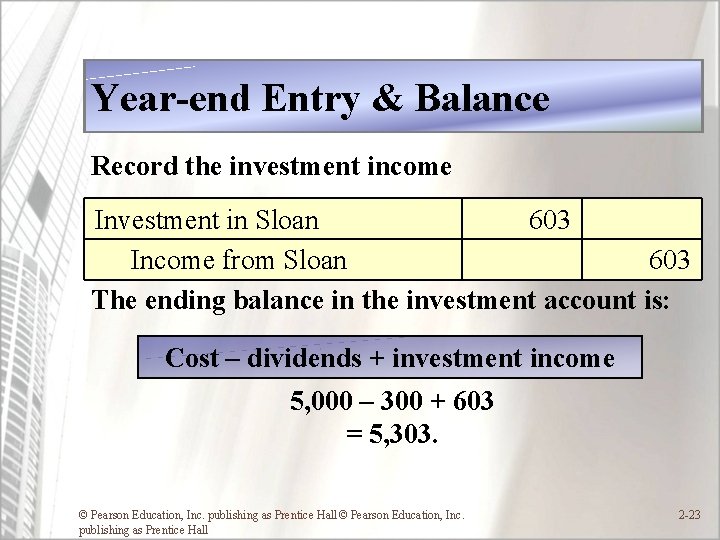 Year-end Entry & Balance Record the investment income Investment in Sloan 603 Income from Year-end Entry & Balance Record the investment income Investment in Sloan 603 Income from