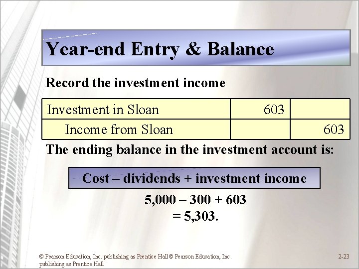 Year-end Entry & Balance Record the investment income Investment in Sloan 603 Income from