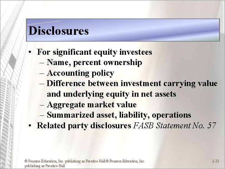 Disclosures • For significant equity investees – Name, percent ownership – Accounting policy –