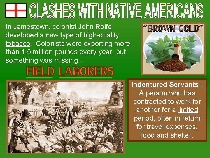 In Jamestown, colonist John Rolfe developed a new type of high-quality tobacco. Colonists were