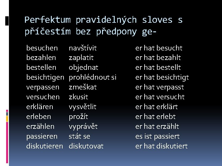 Perfektum pravidelných sloves s příčestím bez předpony gebesuchen bezahlen bestellen besichtigen verpassen versuchen erklären