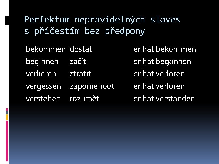 Perfektum nepravidelných sloves s příčestím bez předpony bekommen beginnen verlieren vergessen verstehen dostat začít
