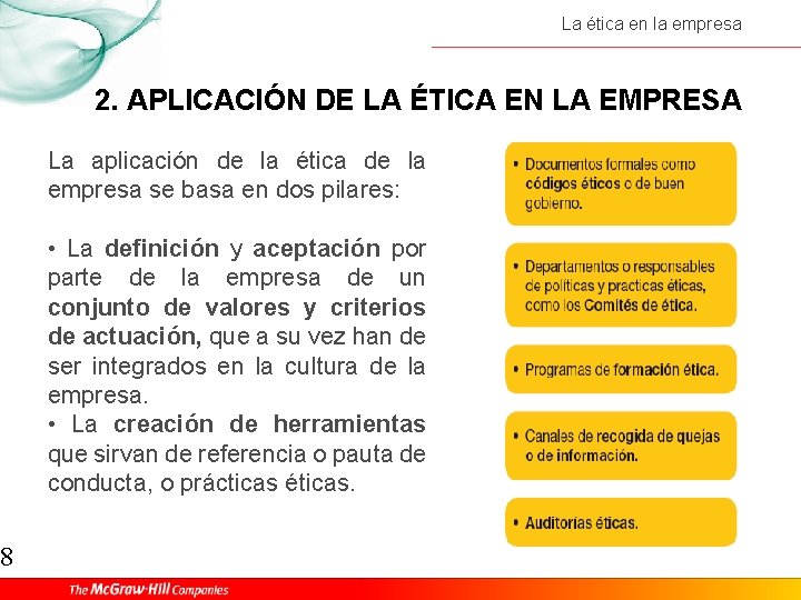 8 La ética en la empresa 2. APLICACIÓN DE LA ÉTICA EN LA EMPRESA