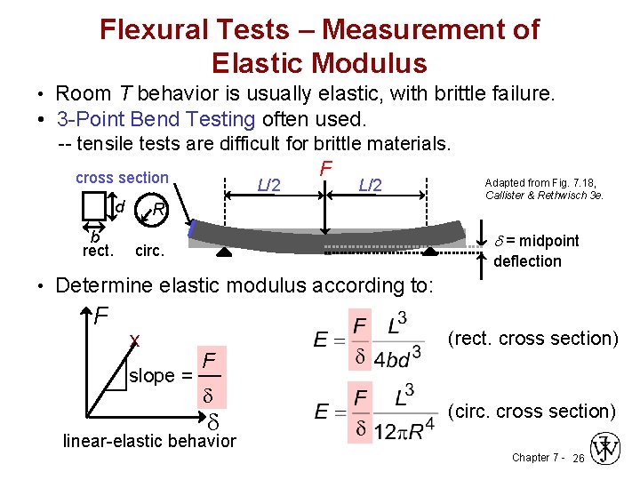 Flexural Tests – Measurement of Elastic Modulus • Room T behavior is usually elastic,