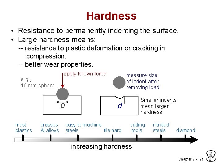 Hardness • Resistance to permanently indenting the surface. • Large hardness means: -- resistance