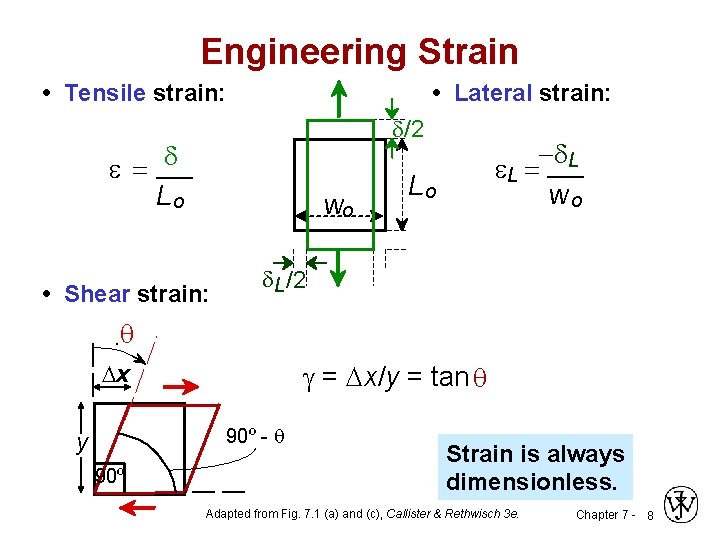 Engineering Strain • Tensile strain: • Lateral strain: d/2 = d Lo wo •