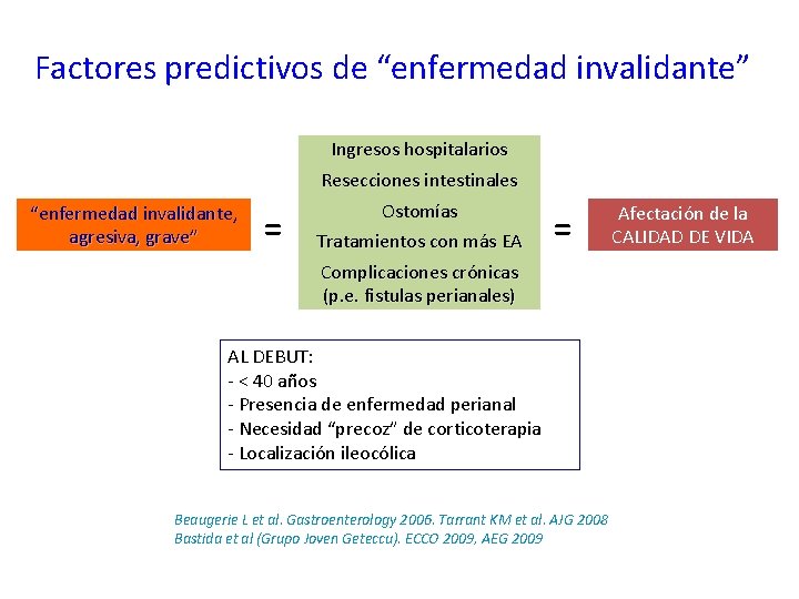 Factores predictivos de “enfermedad invalidante” Ingresos hospitalarios Resecciones intestinales “enfermedad invalidante, agresiva, grave” =