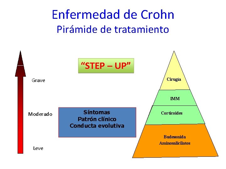 Enfermedad de Crohn Pirámide de tratamiento “STEP – UP” Grave Cirugía IMM Moderado Leve