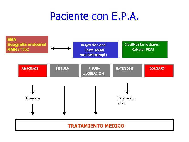 Paciente con E. P. A. EBA Ecografía endoanal RMN / TAC ABSCESOS Drenaje Inspección
