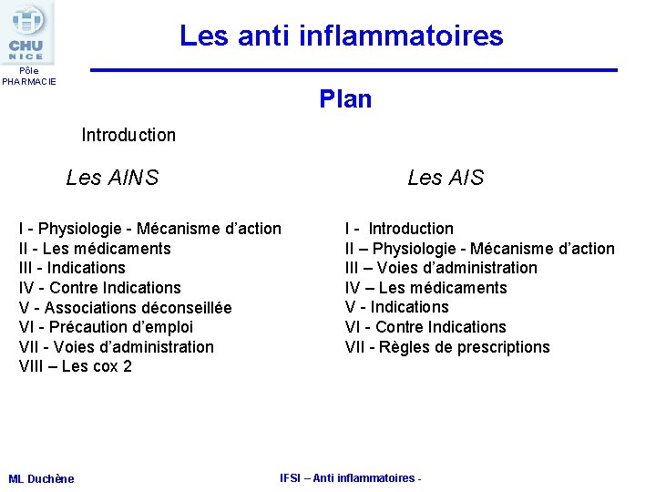 Les anti inflammatoires Pôle PHARMACIE Plan Introduction Les AIS Les AINS I - Physiologie Les anti inflammatoires Pôle PHARMACIE Plan Introduction Les AIS Les AINS I - Physiologie