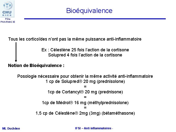 Bioéquivalence Pôle PHARMACIE Tous les corticoïdes n’ont pas la même puissance anti-inflammatoire Ex : Bioéquivalence Pôle PHARMACIE Tous les corticoïdes n’ont pas la même puissance anti-inflammatoire Ex :
