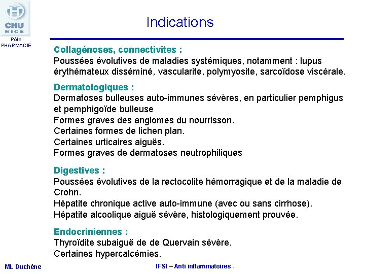 Indications Pôle PHARMACIE Collagénoses, connectivites : Poussées évolutives de maladies systémiques, notamment : lupus Indications Pôle PHARMACIE Collagénoses, connectivites : Poussées évolutives de maladies systémiques, notamment : lupus