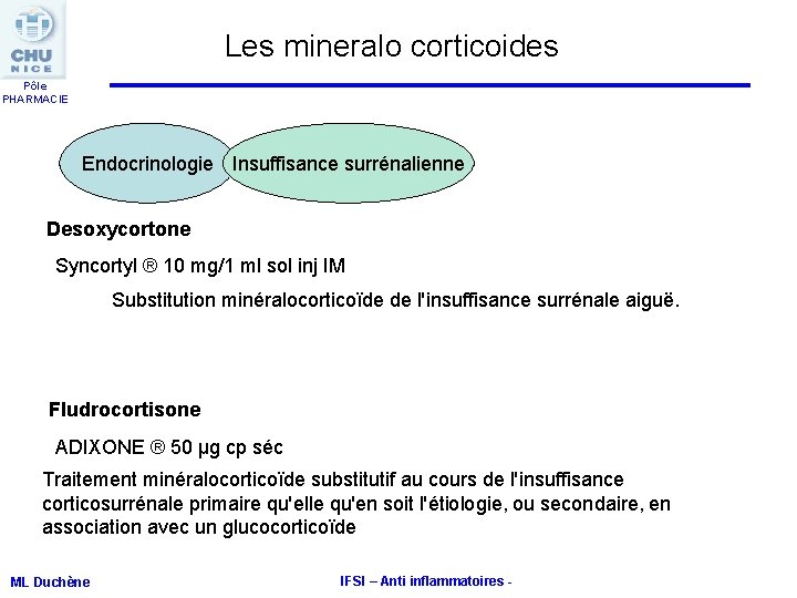 Les mineralo corticoides Pôle PHARMACIE Endocrinologie Insuffisance surrénalienne Desoxycortone Syncortyl ® 10 mg/1 ml Les mineralo corticoides Pôle PHARMACIE Endocrinologie Insuffisance surrénalienne Desoxycortone Syncortyl ® 10 mg/1 ml
