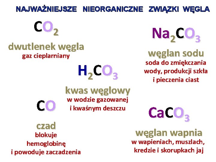 NAJWAŻNIEJSZE NIEORGANICZNE ZWIĄZKI WĘGLA CO 2 dwutlenek węgla gaz cieplarniany CO czad H 2 NAJWAŻNIEJSZE NIEORGANICZNE ZWIĄZKI WĘGLA CO 2 dwutlenek węgla gaz cieplarniany CO czad H 2