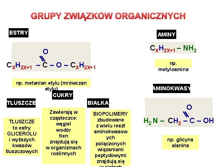 GRUPY ZWIĄZKÓW ORGANICZNYCH ESTRY AMINY CXH 2 X+1 – NH 2 O CXH 2 GRUPY ZWIĄZKÓW ORGANICZNYCH ESTRY AMINY CXH 2 X+1 – NH 2 O CXH 2
