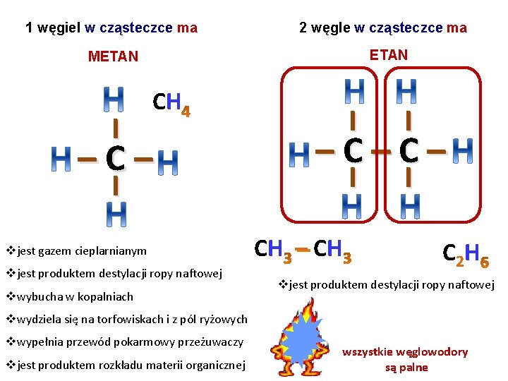1 węgiel w cząsteczce ma 2 węgle w cząsteczce ma ETAN METAN I CH 1 węgiel w cząsteczce ma 2 węgle w cząsteczce ma ETAN METAN I CH