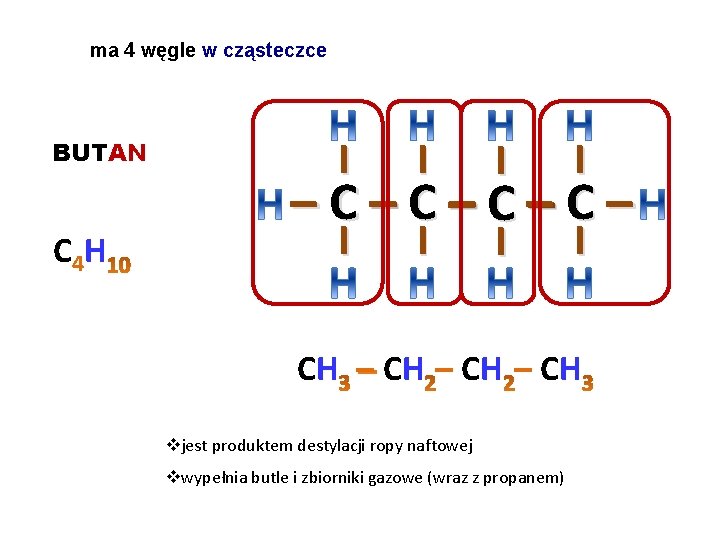 ma 4 węgle w cząsteczce BUTAN C 4 H I I I I –C–C– ma 4 węgle w cząsteczce BUTAN C 4 H I I I I –C–C–