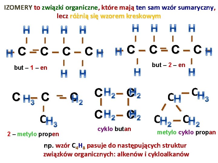 IZOMERY to związki organiczne, które mają ten sam wzór sumaryczny, lecz różnią się wzorem IZOMERY to związki organiczne, które mają ten sam wzór sumaryczny, lecz różnią się wzorem