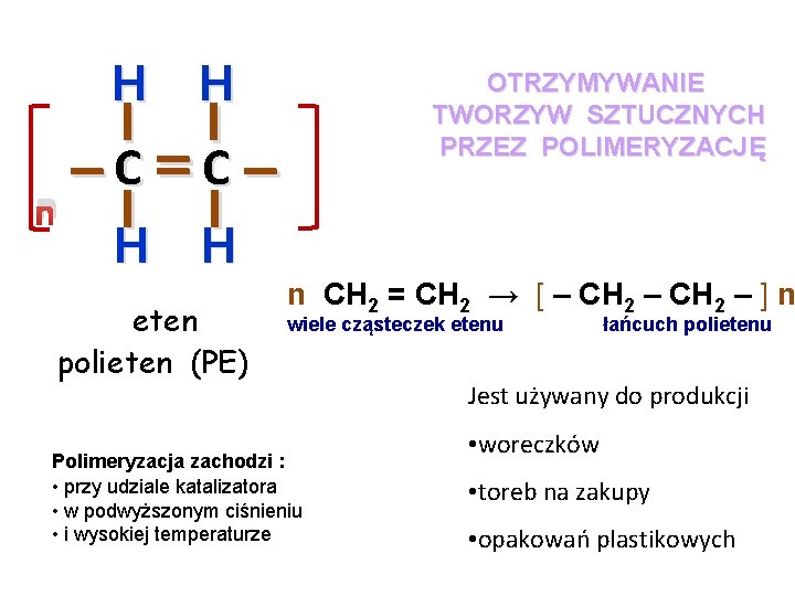 H H OTRZYMYWANIE TWORZYW SZTUCZNYCH PRZEZ POLIMERYZACJĘ I I C– C– – – n H H OTRZYMYWANIE TWORZYW SZTUCZNYCH PRZEZ POLIMERYZACJĘ I I C– C– – – n