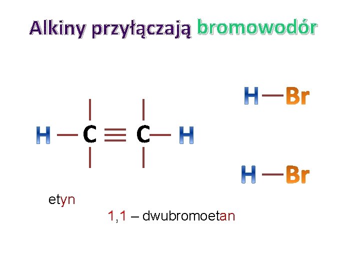Alkiny przyłączają bromowodór C C etyn 1, 1 – dwubromoetan Alkiny przyłączają bromowodór C C etyn 1, 1 – dwubromoetan