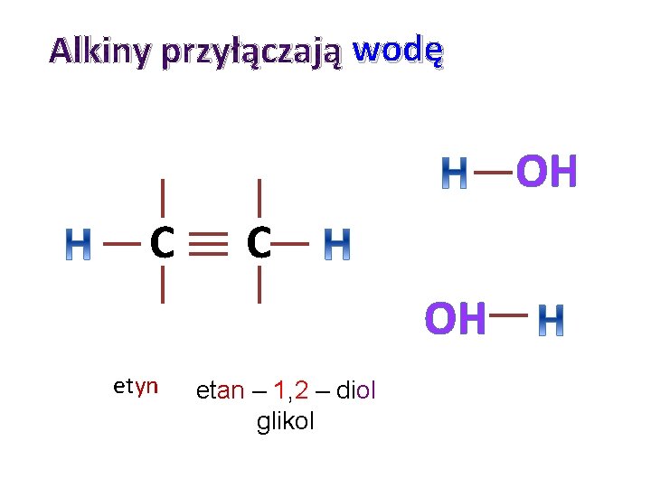 Alkiny przyłączają wodę OH C C OH etyn etan – 1, 2 – diol Alkiny przyłączają wodę OH C C OH etyn etan – 1, 2 – diol