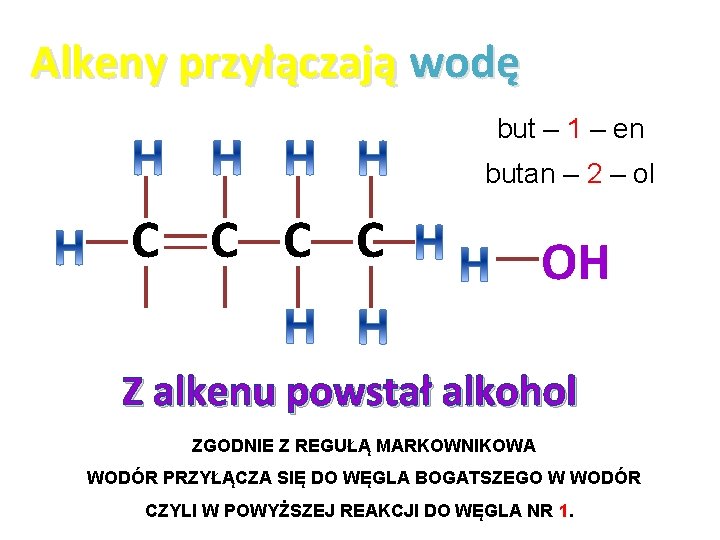 Alkeny przyłączają wodę but – 1 – en butan – 2 – ol C Alkeny przyłączają wodę but – 1 – en butan – 2 – ol C