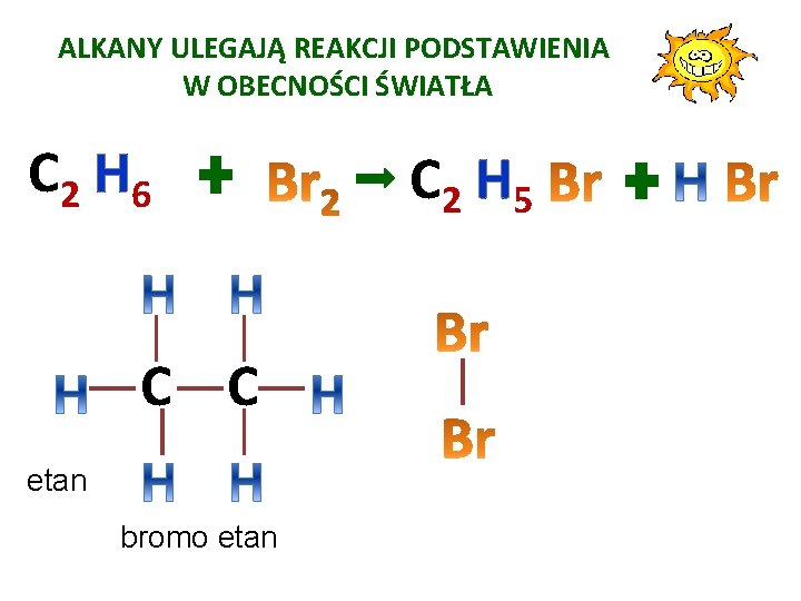ALKANY ULEGAJĄ REAKCJI PODSTAWIENIA W OBECNOŚCI ŚWIATŁA C 2 H 6 C C etan ALKANY ULEGAJĄ REAKCJI PODSTAWIENIA W OBECNOŚCI ŚWIATŁA C 2 H 6 C C etan