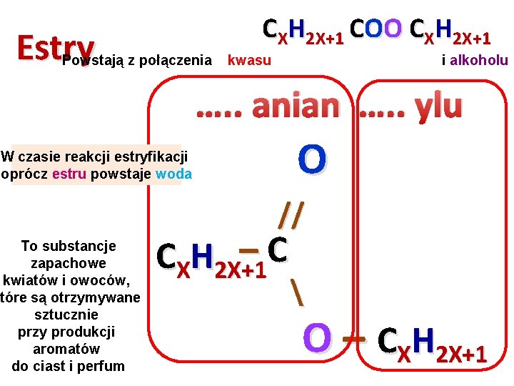 CXH 2 X+1 COO CXH 2 X+1 Estry Powstają z połączenia kwasu i alkoholu CXH 2 X+1 COO CXH 2 X+1 Estry Powstają z połączenia kwasu i alkoholu