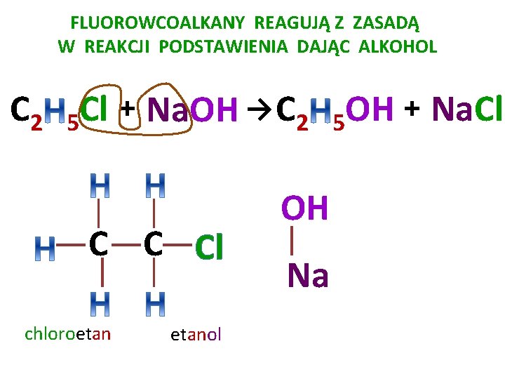 FLUOROWCOALKANY REAGUJĄ Z ZASADĄ W REAKCJI PODSTAWIENIA DAJĄC ALKOHOL C 2 5 Cl + FLUOROWCOALKANY REAGUJĄ Z ZASADĄ W REAKCJI PODSTAWIENIA DAJĄC ALKOHOL C 2 5 Cl +