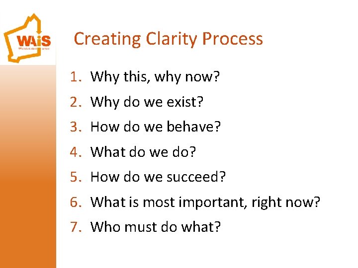 Creating Clarity Process 1. Why this, why now? 2. Why do we exist? 3.