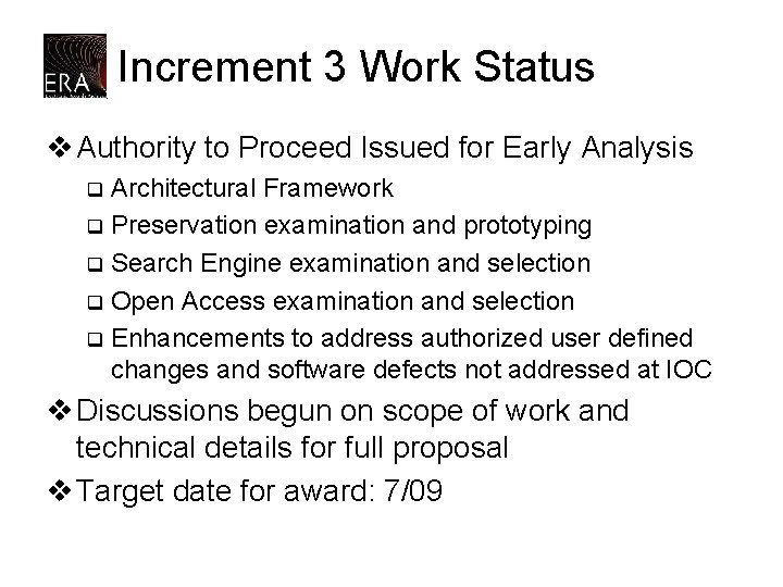 Increment 3 Work Status v Authority to Proceed Issued for Early Analysis Architectural Framework