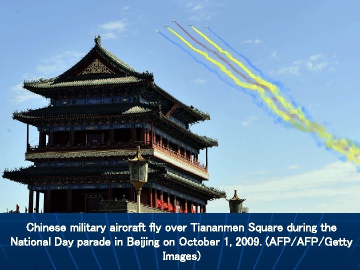 Chinese military aircraft fly over Tiananmen Square during the National Day parade in Beijing