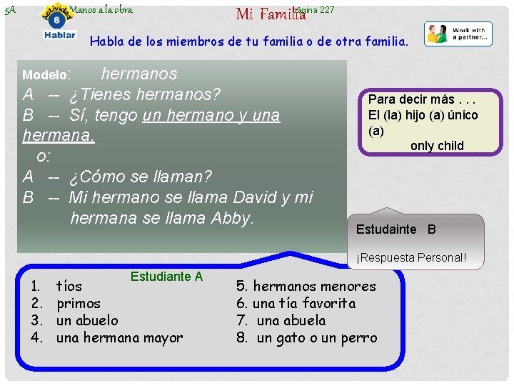 5 A Manos a la obra página 227 Mi Familia Habla de los miembros