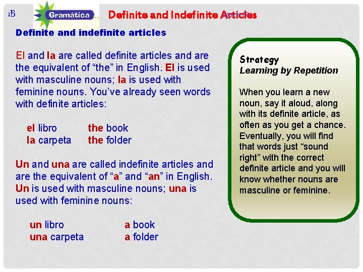 página 60 Definite and Indefinite Articles 1 B Definite and indefinite articles El and