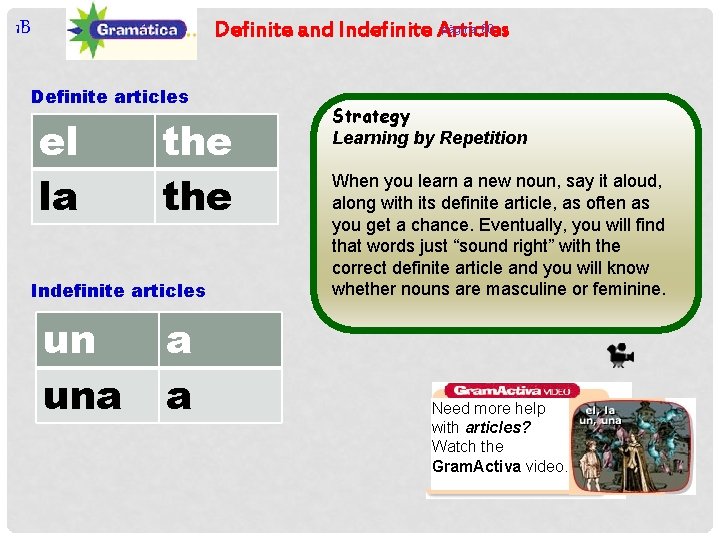 página 60 Definite and Indefinite Articles 1 B Definite articles el la the Indefinite