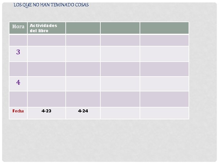 LOS QUE NO HAN TEMINADO COSAS Hora Actividades del libro 3 4 Fecha 4