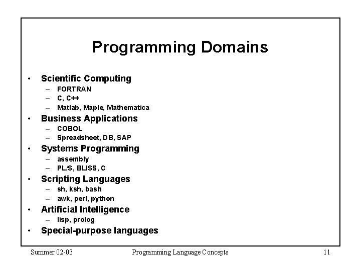 Programming Domains • Scientific Computing – FORTRAN – C, C++ – Matlab, Maple, Mathematica Programming Domains • Scientific Computing – FORTRAN – C, C++ – Matlab, Maple, Mathematica