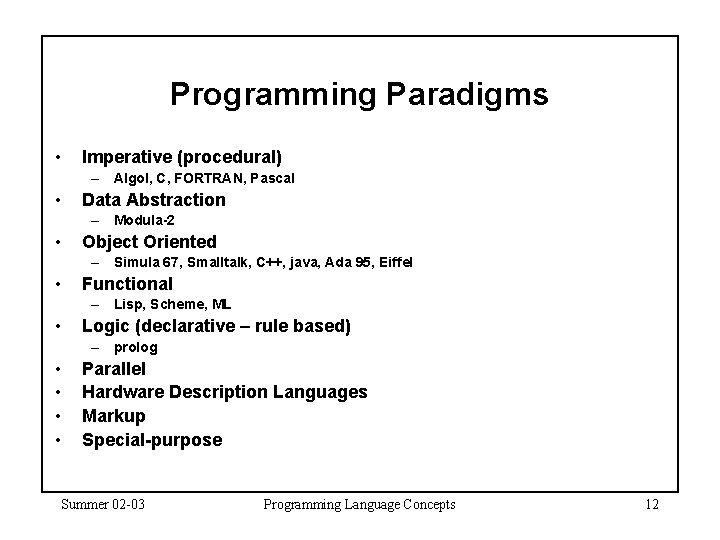 Programming Paradigms • Imperative (procedural) – Algol, C, FORTRAN, Pascal • Data Abstraction – Programming Paradigms • Imperative (procedural) – Algol, C, FORTRAN, Pascal • Data Abstraction –