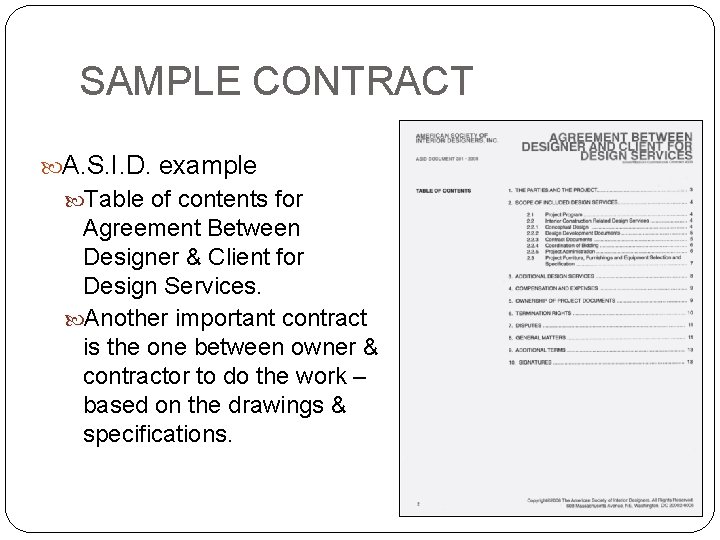 SAMPLE CONTRACT A. S. I. D. example Table of contents for Agreement Between Designer