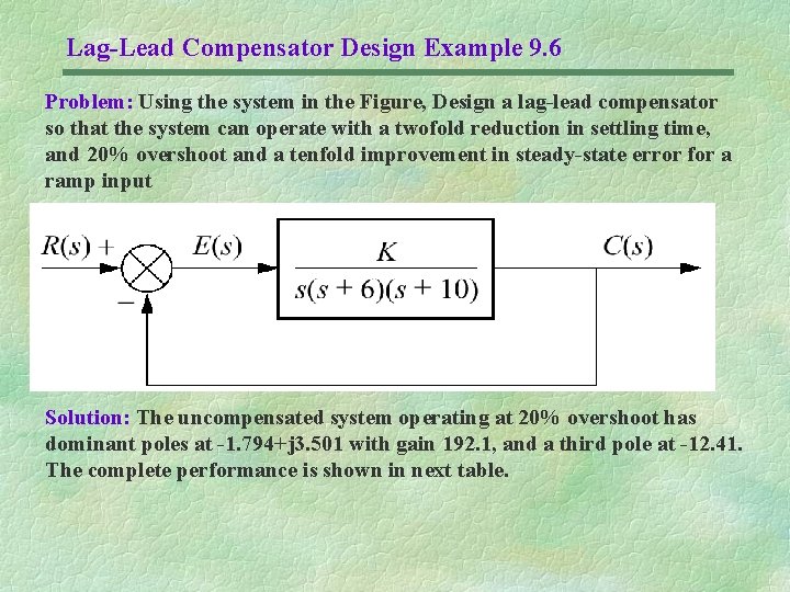 Lag-Lead Compensator Design Example 9. 6 Problem: Using the system in the Figure, Design