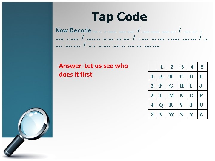 Tap Code Now Decode. . . . . /. . . . . Answer: