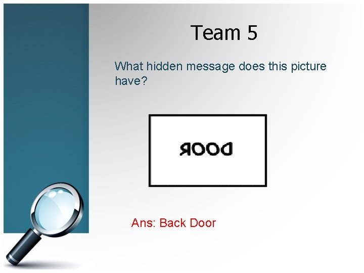 Team 5 What hidden message does this picture have? Ans: Back Door 